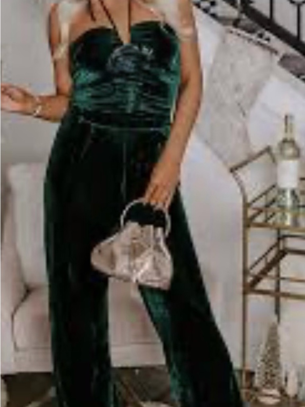 NWT Entro Strapless Velvet Jumpsuit in Dark Green